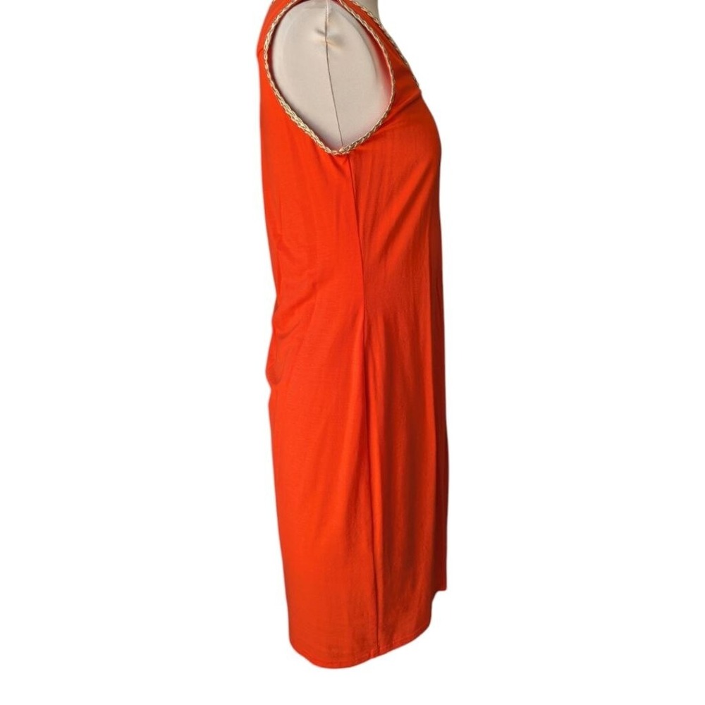 Joseph Ribkoff Dress Orange Red Gold Braided Trim Sleeveless Sheath Sz 10 Chic - Picture 3 of 9